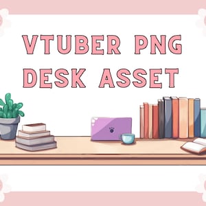 Puede incluir: Una ilustración de dibujos animados de un escritorio con una computadora portátil, libros, una planta en maceta y una taza. El escritorio es de color marrón claro y tiene un fondo blanco. El texto "VTUBER PNG DESK ASSET" está escrito en letras grandes y negritas en la parte superior de la imagen.