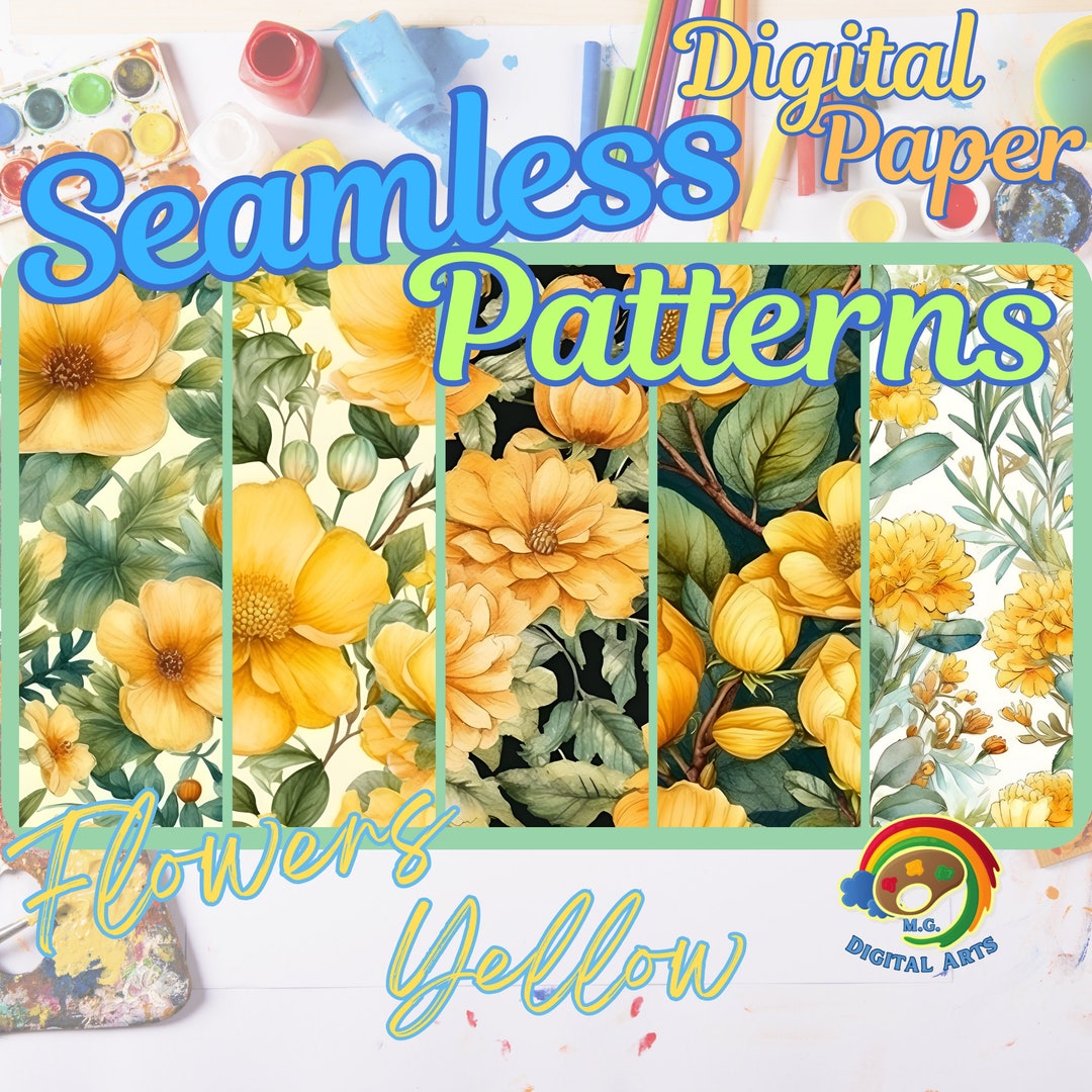Yellow Flowers Digital Paper Pack2 Seamless Patterns Watercolor Floral ...