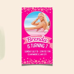 May include: Pink birthday invitation with a photo of a girl in a pink car. The text reads "Brenda is turning 7. Sunday July 19 - 3 PM to 7 PM 123 Anywhere St, Any City"