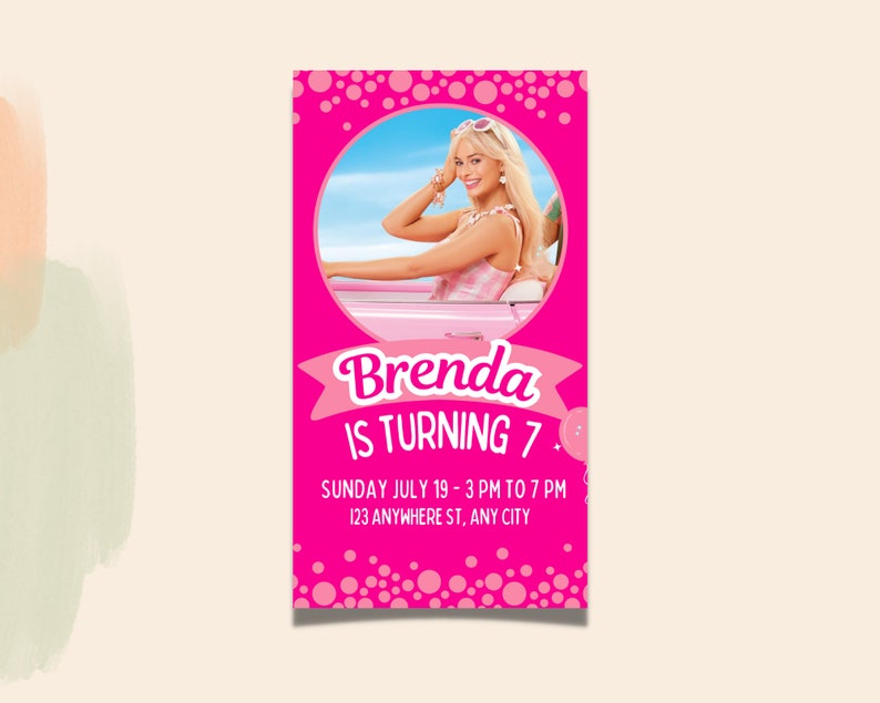 May include: Pink birthday invitation with a photo of a girl in a pink car. The text reads "Brenda is turning 7. Sunday July 19 - 3 PM to 7 PM 123 Anywhere St, Any City"