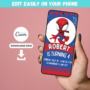 May include: A digital invitation for a birthday party featuring a cartoon image of Spiderman. The invitation is for Robert's 4th birthday party. The party is on Sunday, July 19th from 3 PM to 7 PM at 123 Anywhere St., Any City.