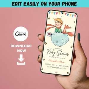 May include: A digital phone screen displaying a baby shower invitation with a cartoon illustration of a prince and a fox on a planet. The invitation text reads "Join us for a Baby Shower honouring the mommy-to-be Miranda Wilson Sunday July 19 - 3 PM to 7 PM 123 Anywhere St, Any City".