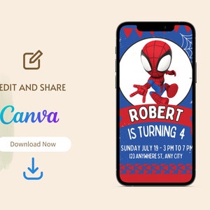 May include: A red and blue birthday invitation featuring a cartoon Spiderman character. The invitation says "Robert is turning 4" and includes the date and time of the party.