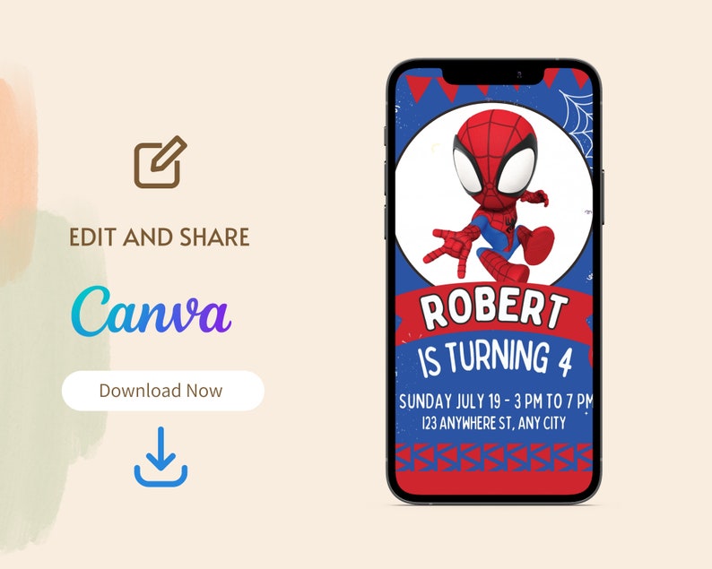 May include: A red and blue birthday invitation featuring a cartoon Spiderman character. The invitation says "Robert is turning 4" and includes the date and time of the party.