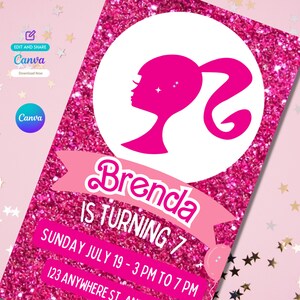 以下が含まれることがあります： ピンクのキラキラした誕生日招待状。バービー人形のシルエットと「Brenda is turning 7」と「Sunday July 19 - 3 PM to 7 PM」の文字が書かれています。