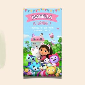 May include: A birthday invitation featuring a cartoon girl with pink and white cat ears, surrounded by colourful cartoon cats. The invitation reads "Isabella is turning 7" and includes the date, time, and location of the party.