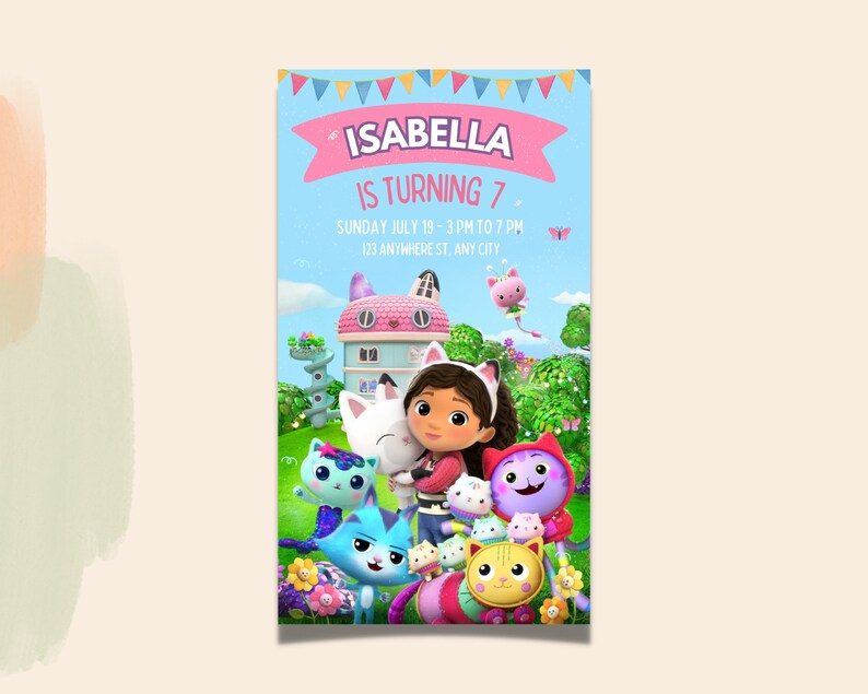 May include: A birthday invitation featuring a cartoon girl with pink and white cat ears, surrounded by colourful cartoon cats. The invitation reads "Isabella is turning 7" and includes the date, time, and location of the party.