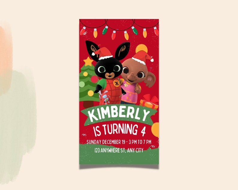 May include: A red Christmas-themed birthday invitation featuring the characters Bing and Flop from the children's TV show Bing. The invitation reads "Kimberly is turning 4" with the date and time of the party below.
