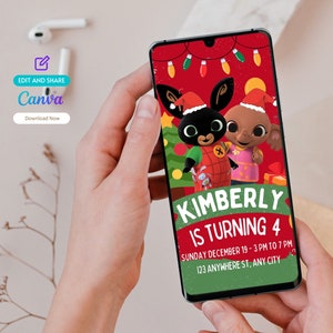 May include: A digital invitation for a child's birthday party featuring the characters Bing and Flop from the children's TV show Bing. The invitation is decorated with a Christmas theme and includes the text "Kimberly is turning 4" and details for the party, including the date, time, and location.