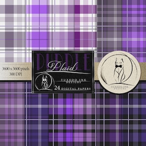 May include: Digital paper pack featuring various purple plaid patterns. The image includes a black rectangle with the word "Plaid" and a cat logo, along with the text "24 Digital Papers" and "Tuxedo Ink Designs".
