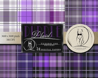 May include: Digital paper pack featuring various purple plaid patterns. The image includes a black rectangle with the word "Plaid" and a cat logo, along with the text "24 Digital Papers" and "Tuxedo Ink Designs".