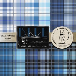 May include: Digital paper set featuring various blue plaid patterns. The image includes a central graphic with the text "Blue Plaid" and "24 Digital Papers". The resolution is 3600 x 3600 pixels at 300 DPI.