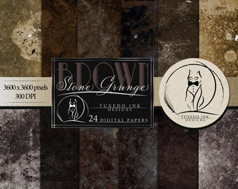Può includere: Una collezione di 24 carte digitali con texture in pietra grunge in toni marrone scuro, nero e grigio. L'immagine include il testo 3600 x 3600 pixels, 300 DPI, Stone Grunge, Tuxedo Ink Designs e 24 digital papers con un logo di un gatto.