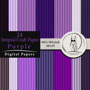 Könnte beinhalten: 24 digitale Papiere mit violetten Streifenmustern. Jedes Papier ist 3600 x 3600 Pixel groß und hat 300 DPI.