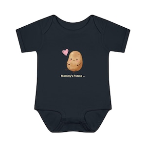 May include: Navy blue baby onesie with a cute cartoon potato illustration and the text "Mommy's Potato...". The potato has a smiling face and a pink heart. The onesie is made of soft material.