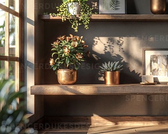 May include: A wooden shelf displays various decorative items. A copper-coloured pot holds a flowering plant. Other items include a framed picture, a small succulent in a copper pot, a cup and saucer, and a small lamp. The scene is bathed in sunlight.