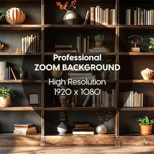 Puede incluir: Una estanter&iacute;a de madera con varios estantes llenos de libros, plantas y objetos decorativos. La estanter&iacute;a est&aacute; contra una pared gris oscura. El texto "Professional ZOOM BACKGROUND High Resolution 1920 x 1080" se muestra en un c&iacute;rculo en el centro de la imagen.