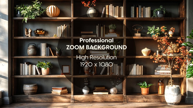 Puede incluir: Una estanter&iacute;a de madera con varios estantes llenos de libros, plantas y objetos decorativos. La estanter&iacute;a est&aacute; contra una pared gris oscura. El texto "Professional ZOOM BACKGROUND High Resolution 1920 x 1080" se muestra en un c&iacute;rculo en el centro de la imagen.