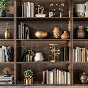Puede incluir: Una estantería de madera oscura con varios estantes llenos de libros, objetos decorativos y plantas. Los estantes están llenos de una variedad de artículos, que incluyen libros, jarrones, plantas y esculturas. La estantería es una excelente manera de agregar almacenamiento y estilo a cualquier habitación.