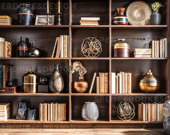 May include: A wooden bookcase with multiple shelves filled with books, decorative vases, and other home decor items. The shelves are arranged in a grid pattern and the bookcase is against a white wall.