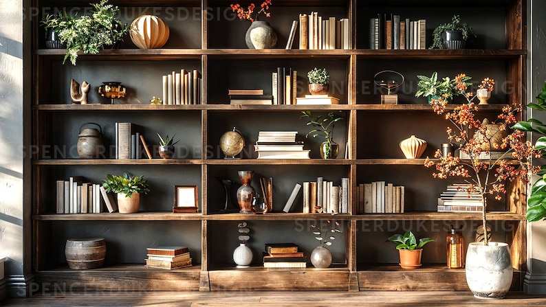 Puede incluir: Una estanter&iacute;a de madera con varios estantes llenos de libros, plantas y objetos decorativos. Los estantes son de color marr&oacute;n oscuro y el fondo es de color gris oscuro. Hay varias plantas en los estantes, incluyendo un helecho, una suculenta y un peque&ntilde;o &aacute;rbol con bayas rojas. Tambi&eacute;n hay varios objetos decorativos en los estantes, incluyendo un globo terr&aacute;queo, un jarr&oacute;n y algunas esculturas.