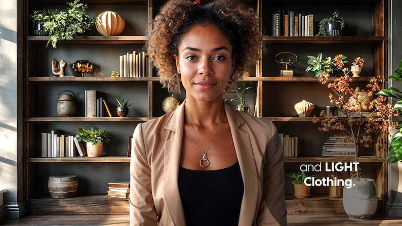 Puede incluir: Una mujer con el pelo rizado casta&ntilde;o lleva una chaqueta beige sobre una camiseta negra. Est&aacute; de pie frente a una estanter&iacute;a llena de libros, plantas y objetos decorativos. El texto "and LIGHT Clothing." es visible en la esquina inferior derecha de la imagen.