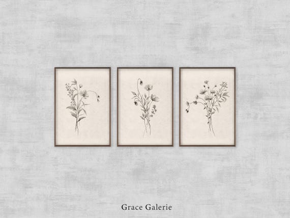 Gallery Set of 3 | Black and White Botanical Wall Art | Minimalist Wall Art | Farmhouse Decor | PRINTABLE Digital Download