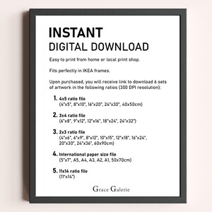 Puede incluir: Impresi&oacute;n enmarcada en negro con texto blanco que anuncia una "DESCARGA DIGITAL INSTANT&Aacute;NEA". El texto detalla los tama&ntilde;os de impresi&oacute;n, incluidos los ratios 4x5, 3x4, 2x3, tama&ntilde;os de papel internacionales y 11x14. El logotipo de Grace Galerie est&aacute; en la parte inferior.