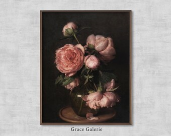 Moody Vintage Flower Print | Dark Floral Still Life Oil Painting | PRINTABLE Digital Antique Art