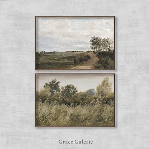 Könnte beinhalten: Zwei gerahmte Landschaftsbilder mit einer gedämpften Farbpalette. Das obere Bild zeigt eine kurvenreiche Feldweg, der durch ein Feld mit Bäumen in der Ferne führt. Das untere Bild zeigt ein Feld mit hohem Gras und Bäumen im Hintergrund.