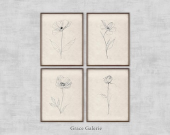 Gallery Set of 4 | Neutral Botanical Prints | Plant Line Art Prints | Minimalist Home Deco | PRINTABLE Digital Download