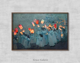 Jubilee Procession in a Cornish Village | Vintage Painting | Antique Wall Deco | PRINTABLE Digital Download