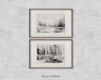 Gallery Set of 2 | Vintage Landscape Sketch |  Vintage Etching | Neutral Grey Wall Art | Vintage Sketch Art | Printable Art