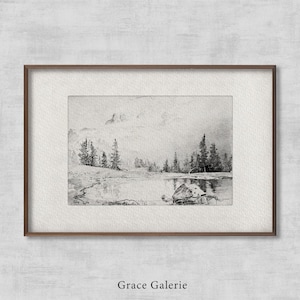 May include: A black and white pencil drawing of a mountain landscape with a lake in the foreground. The drawing is framed in a brown frame.