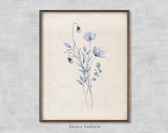 Blue Botanical Floral Wall Art | Minimalist Wall Art | Farmhouse Decor | PRINTABLE Digital Download