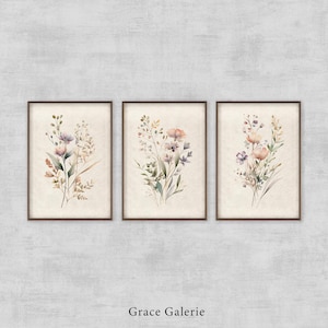Gallery Set of 3 | Watercolor Wildflower | Pastel Floral Printable Art | Botanical Art | Farmhouse Home Deco | PRINTABLE Digital Download