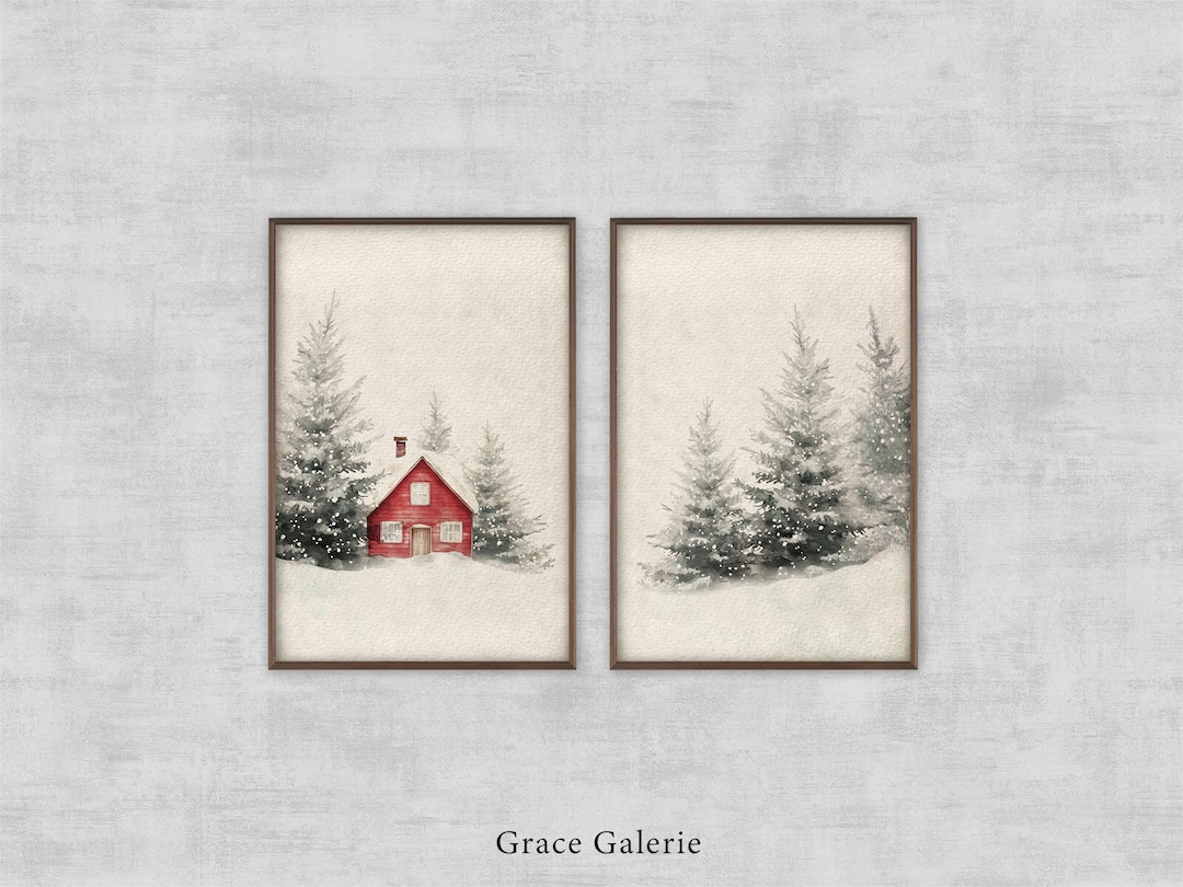 Set of 2 | Winter Forest Painting Christmas Print | Christmas Decor ...
