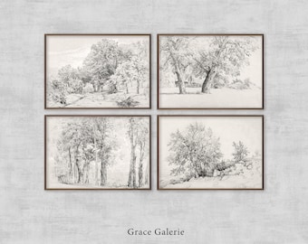 Ensemble de 4 galeries | Croquis de paysage vintage | Décoration murale maison de campagne | Impressions d'art de ferme | Téléchargements numériques imprimables