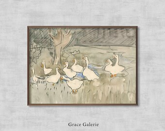 Patos / Pintura vintage / Decoración de pared antigua / Acuarela vintage / Pintura primaveral / Arte mural primaveral / Descarga digital imprimible