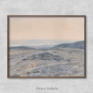 May include: A watercolor painting of a landscape with a hazy blue sky and distant hills. The foreground is a rocky, barren landscape with a light brown and blue color scheme.