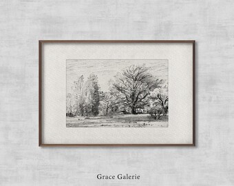 Vintage Tree Sketch | Landscape with Trees | Vintage Etching | Neutral Grey Wall Art | Vintage Sketch Art | Soft Deco | Printable Art