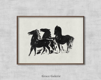 Three Black Horses | Vintage Painting | Antique Wall Deco | PRINTABLE Digital Download