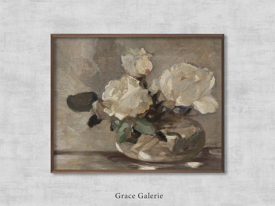 Flower Still Life | Vintage Roses Vase Painting | Neutral Farmhouse ...