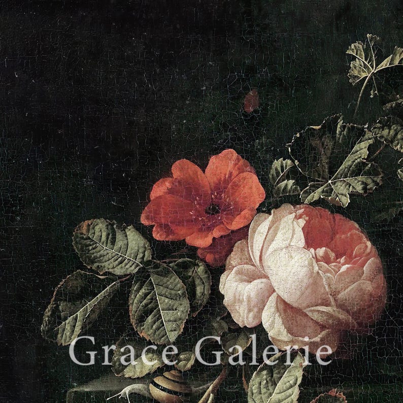 Puede incluir: Pintura de naturaleza muerta con rosas rojas y rosas y hojas verdes sobre fondo oscuro. El texto "Grace Galerie" es visible en la parte inferior.