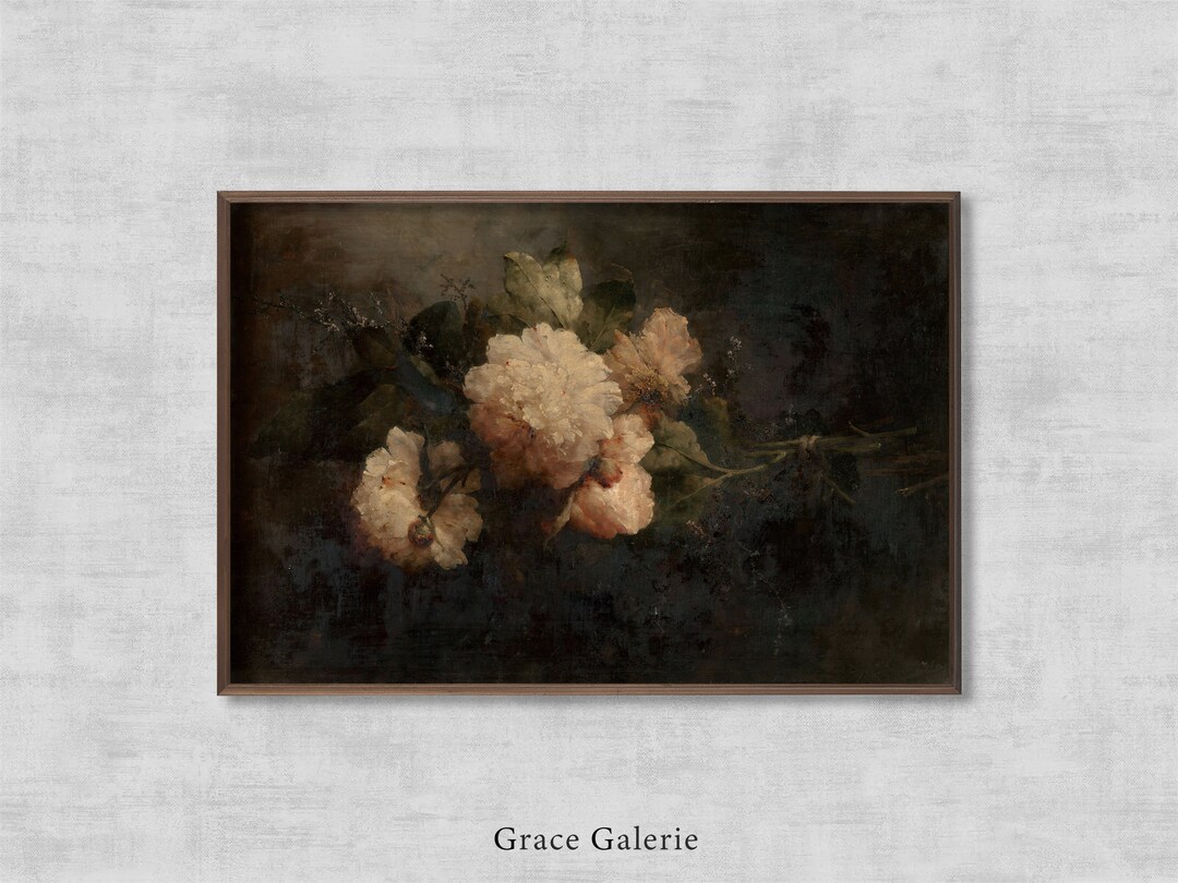 Moody Vintage Flower Print | Peonies | Dark Floral Still Life Oil ...