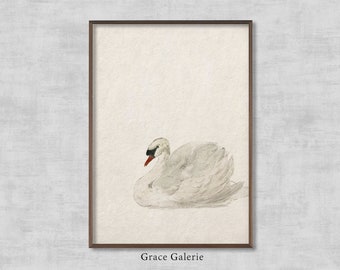 Vintage Swan Print | Antique Nursery Wall Decor | Digital Download | Vintage Watercolor Neutral Wall Art Printable | Country Farmhouse Decor