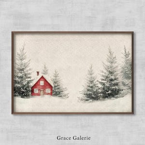 Pintura de bosque invernal, impresión navideña, decoración navideña, paisaje invernal nevado con árboles de hoja perenne, descarga digital imprimible