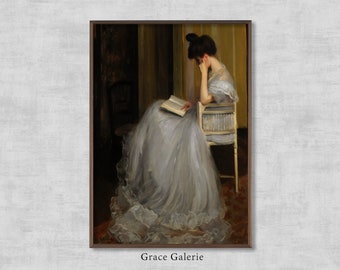 Antique Portrait Woman Reading | Vintage Print Bedroom Wall Decor Digital PRINTABLE
