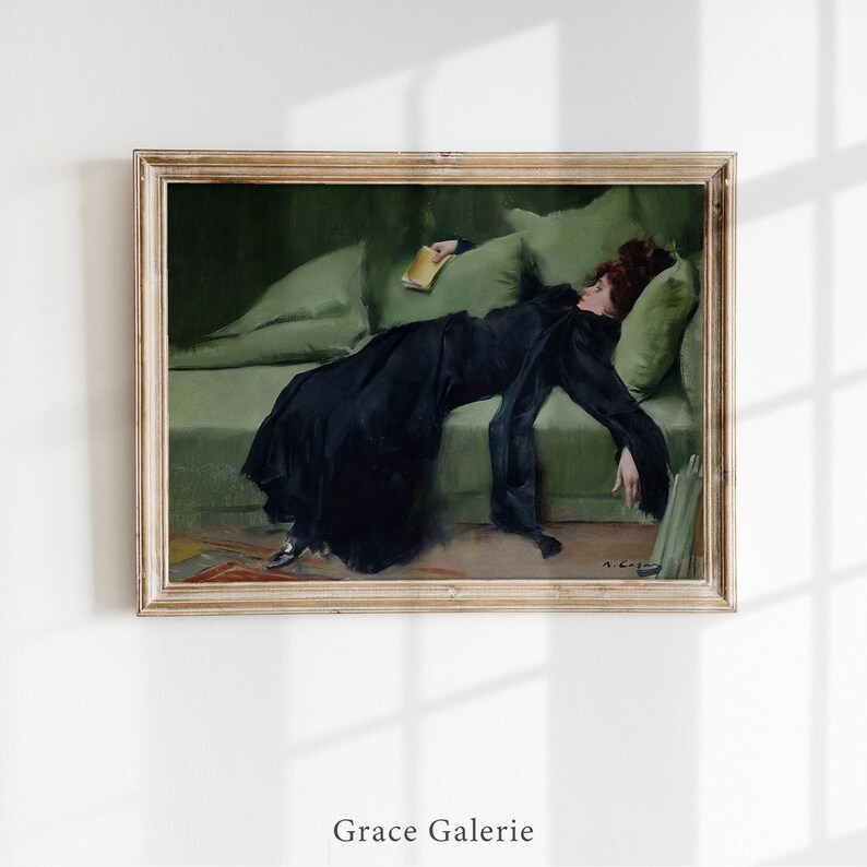 Decadent Young Woman | Woman Portrait | Vintage Wall Art | Emerald Green Art | After the Dance | Moody Wall Decor | PRINTABLE Art image 2