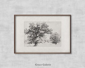 Vintage Tree Sketch | Trees | Vintage Etching | Neutral Grey Wall Art | Vintage Sketch Art | Soft Deco | Printable Art